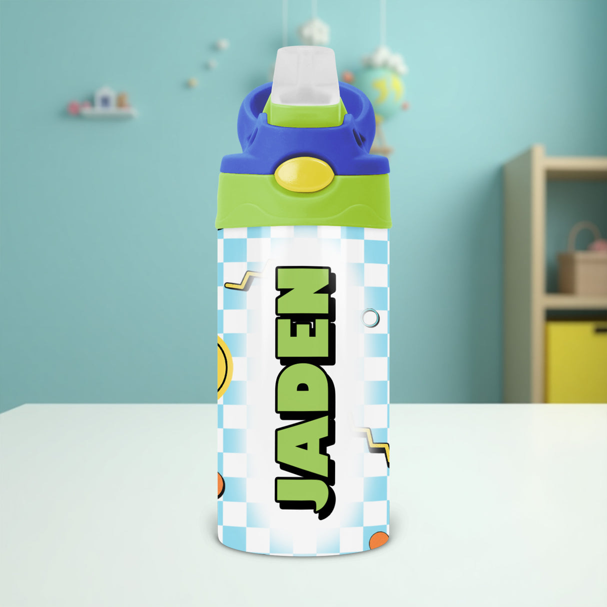 Back to school personalized water bottle for kids with custom name.
