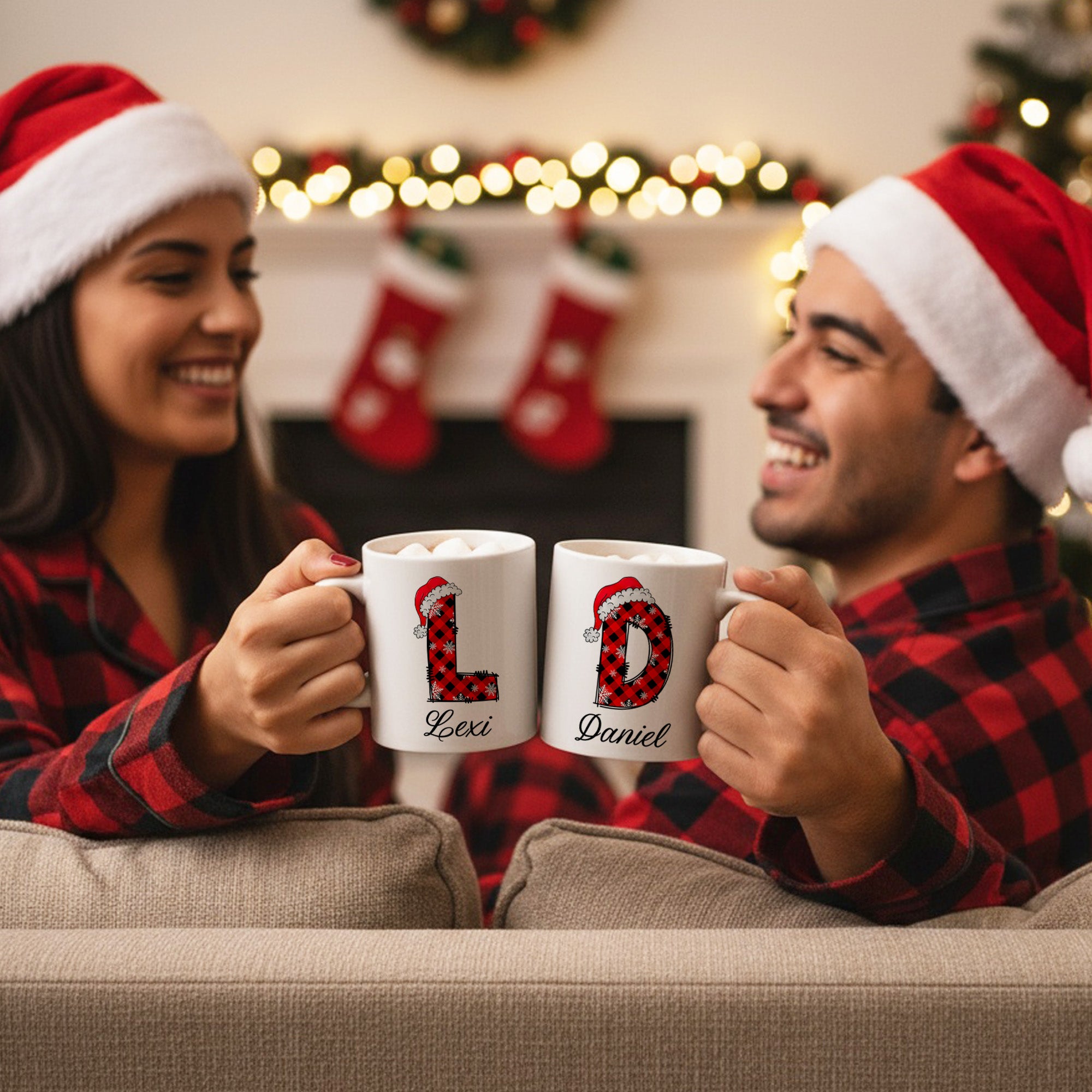 Red and Black Plaid Initial Personalized Christmas Mugs for Kids and Adults