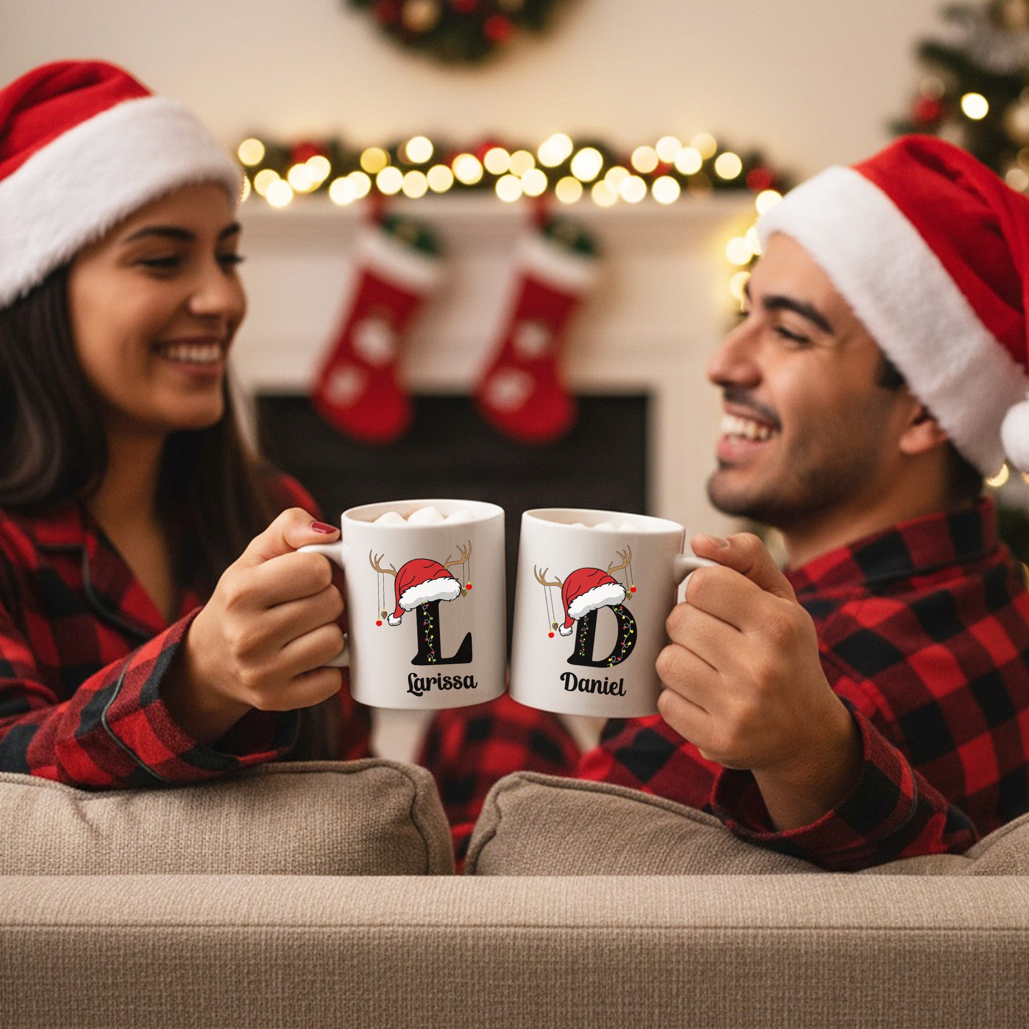 Christmas Lights Reindeer Initial Personalized Christmas Mugs for Kids and Adults