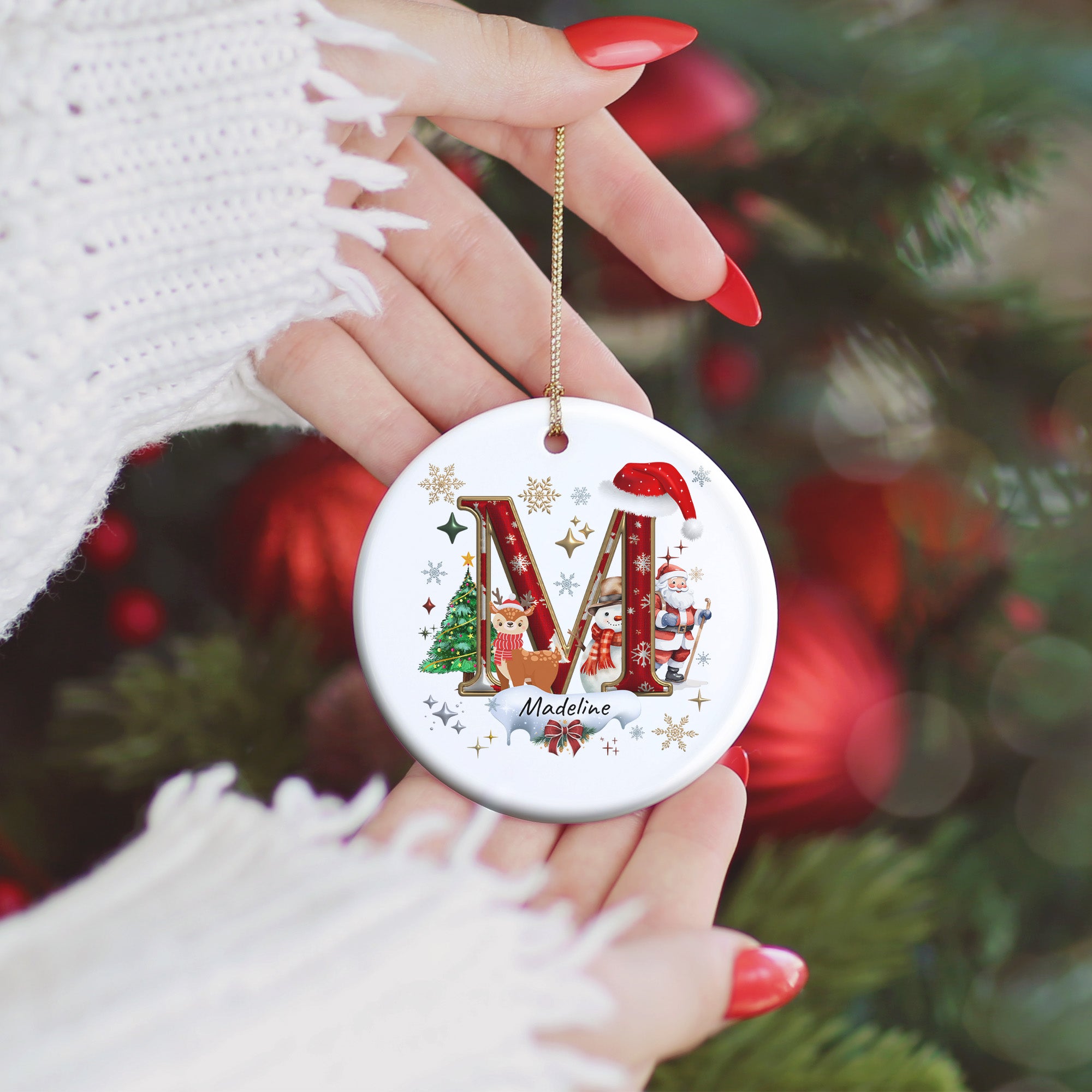 Red and Gold Initial Personalized Christmas Ornaments with Names, Set of 2, 4, 6, 8 and 10