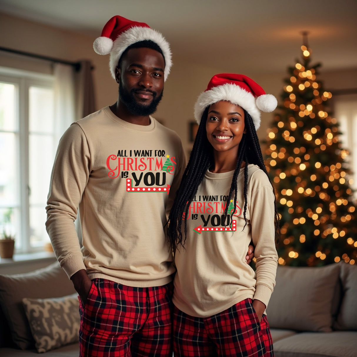 Matching couples Christmas sweaters.