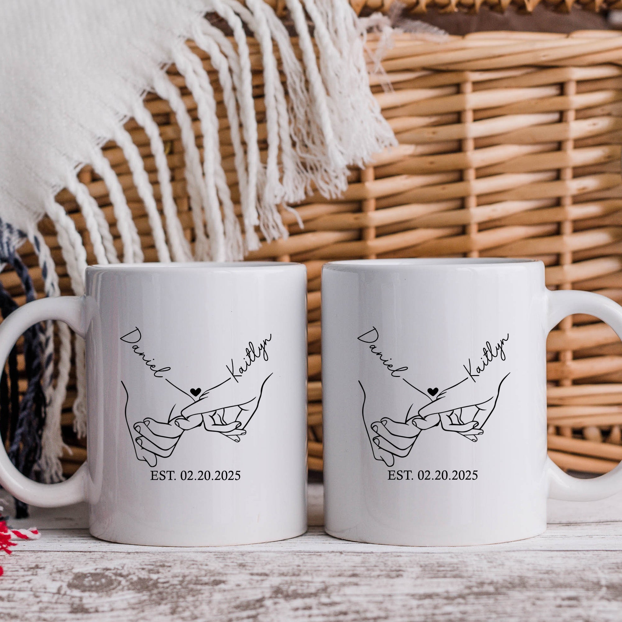 Matching coffee mug set for couples, personalized with names and pinky promise design.