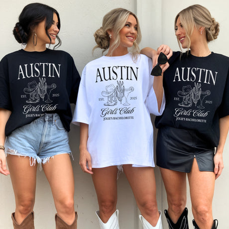 Bridesmaids wearing matching Comfort Colors shirts with custom names and wedding date for Austin bachelorette. 