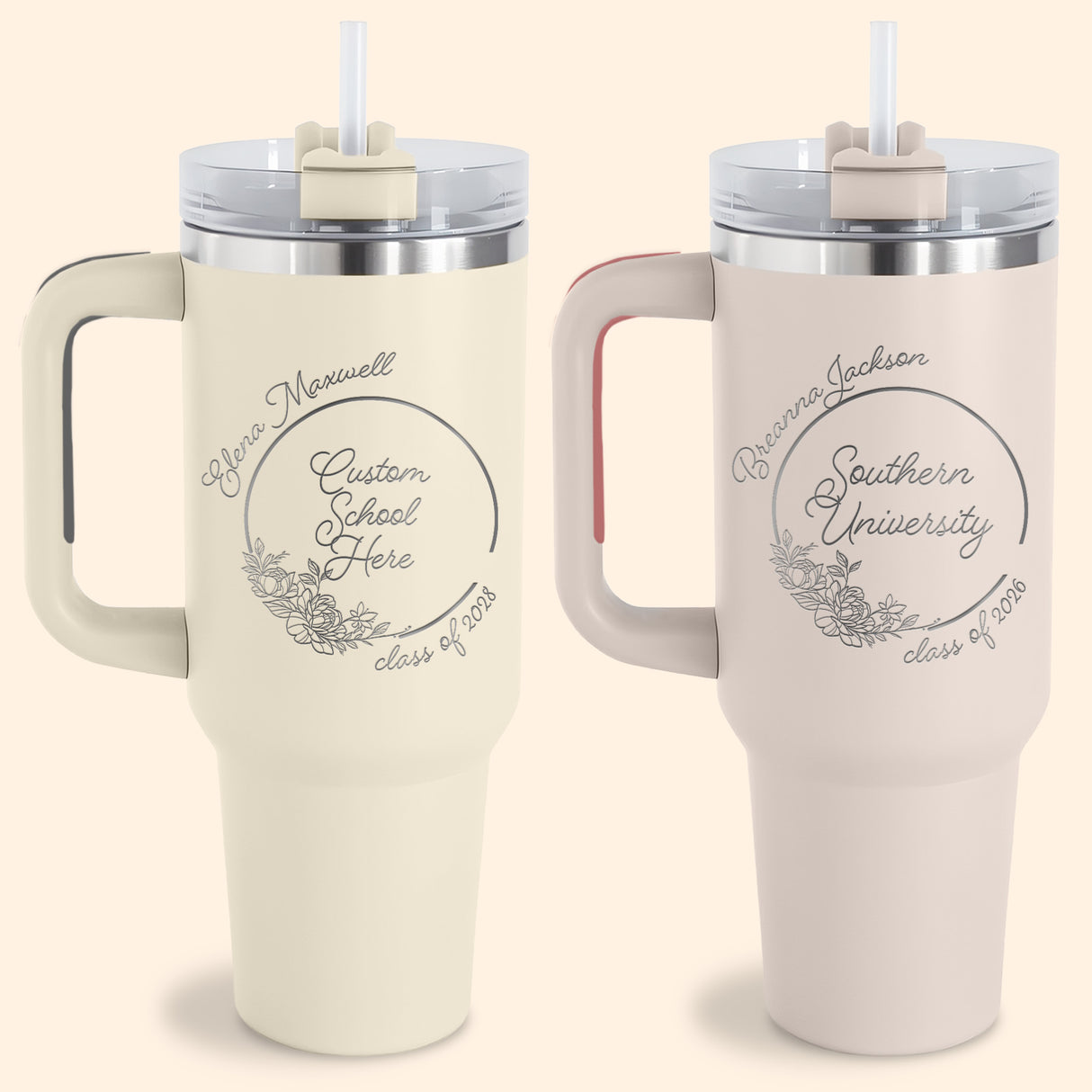 Dune and rose quartz personalized 40oz college tumbler with a floral design. Cute custom gift for college girls.  