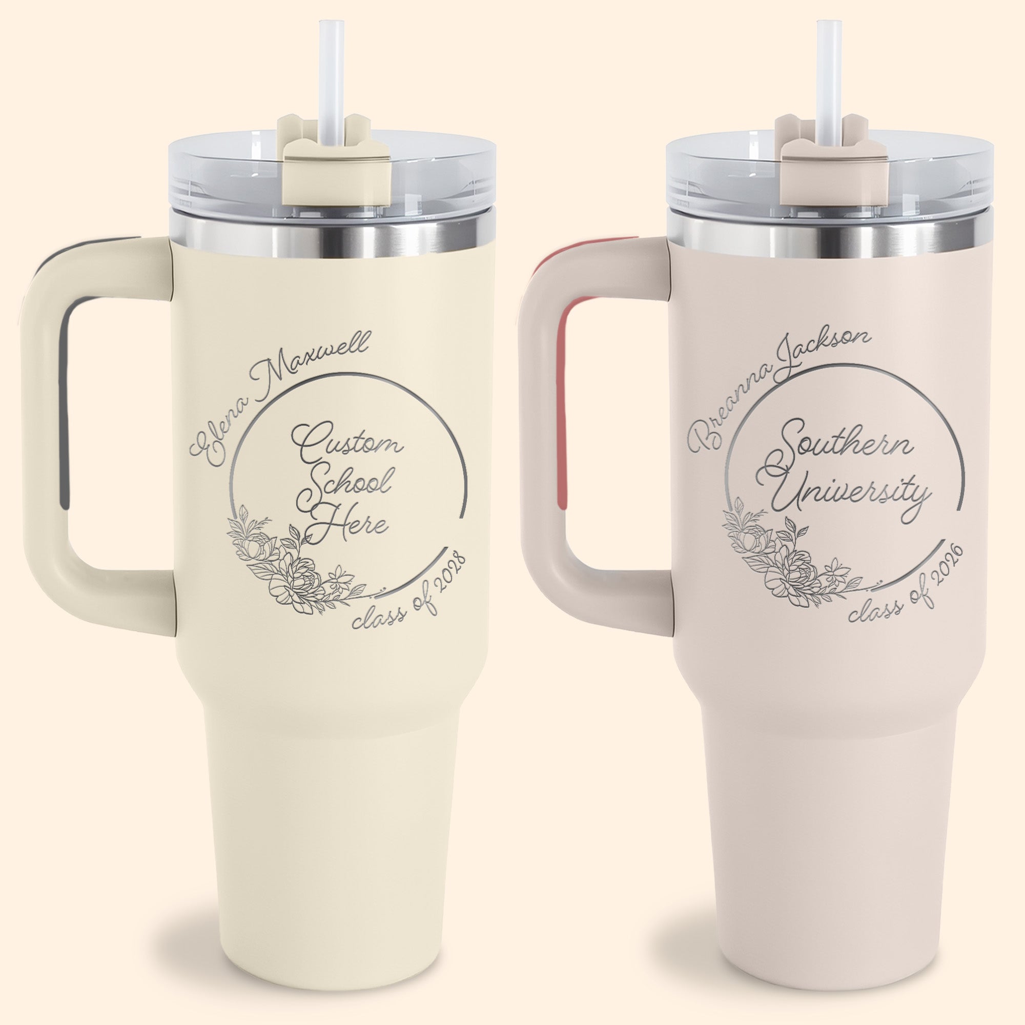 Dune and rose quartz personalized 40oz college tumbler with a floral design. Cute custom gift for college girls.  