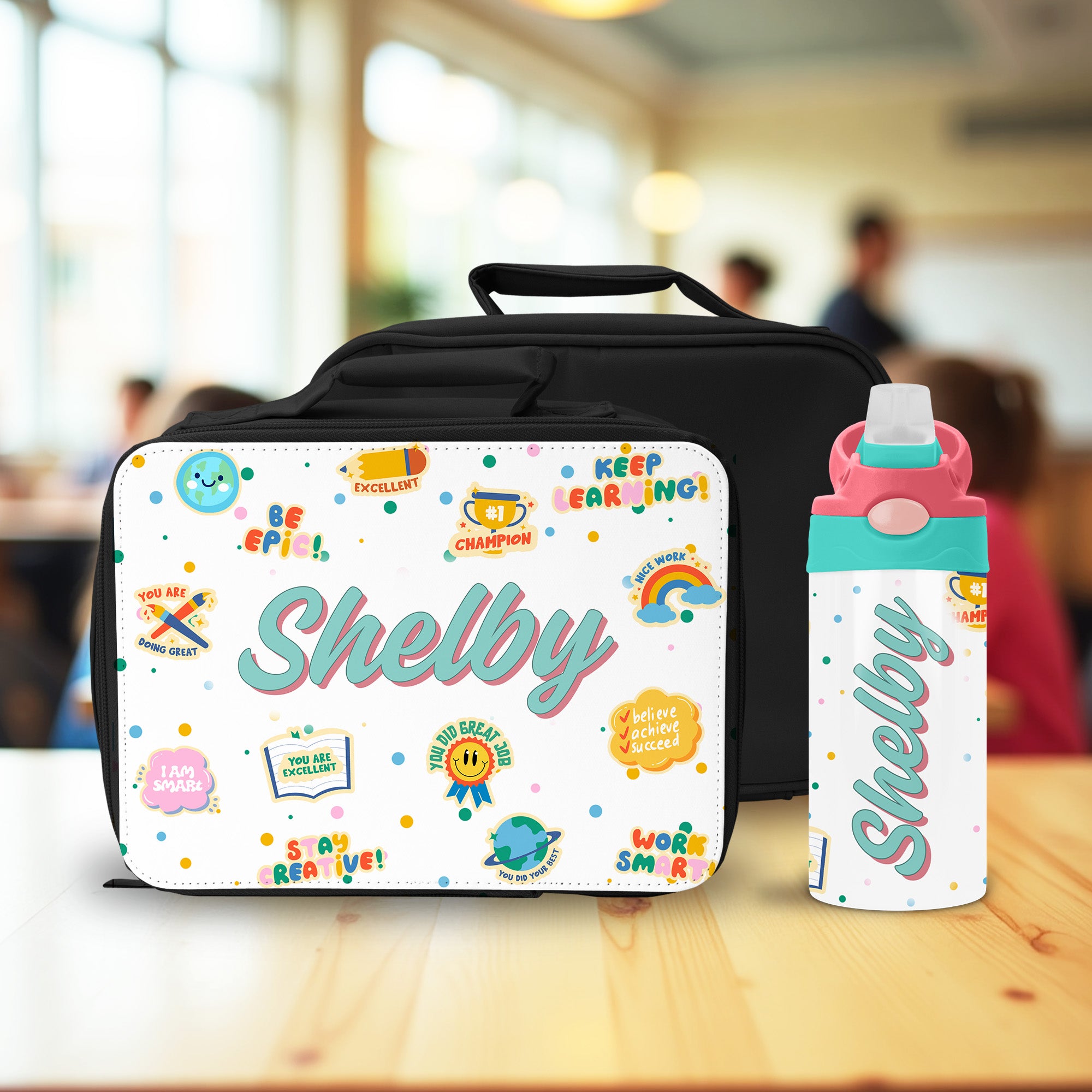 A thoughtful personalized lunch box and water bottle gift for kids, designed to inspire positivity at school.