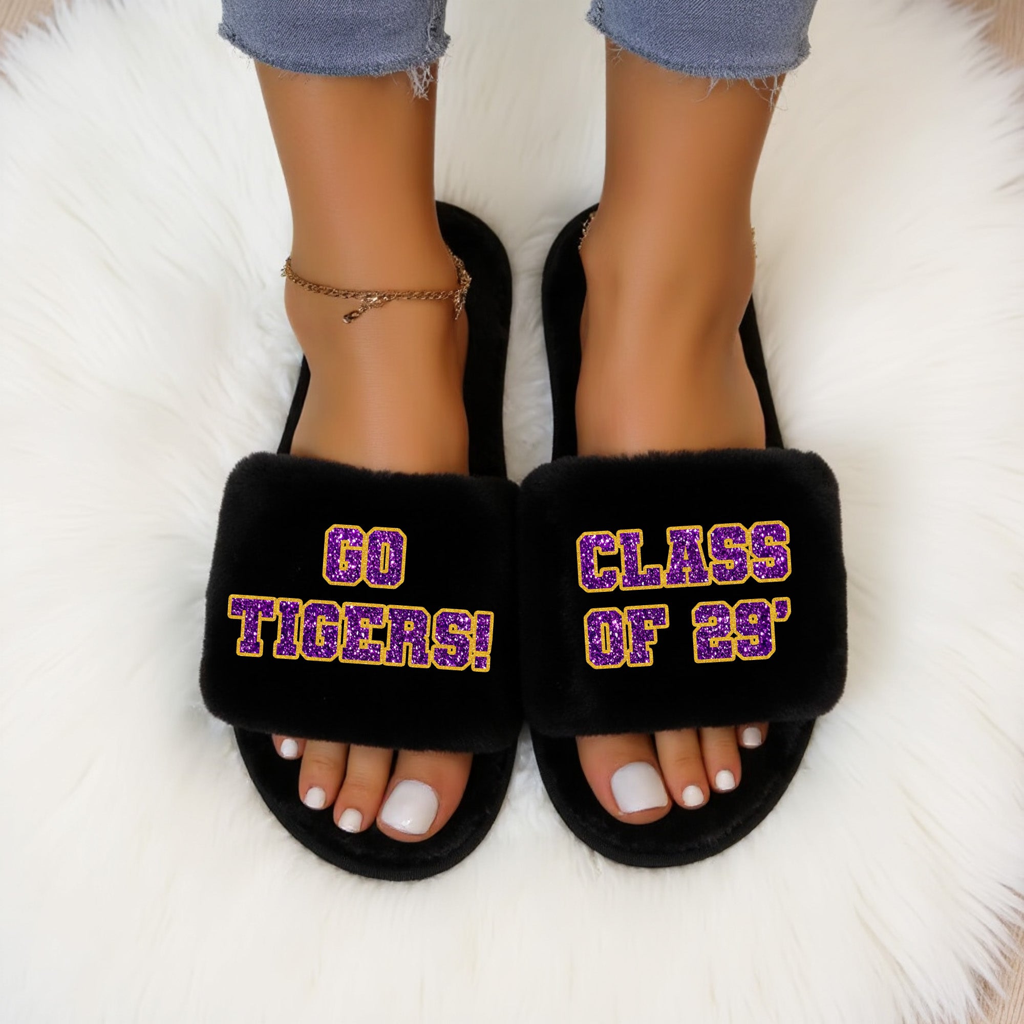 Custom college slippers for women with personalized university name, perfect for students and graduates.