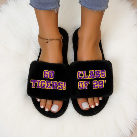 Custom college slippers for women with personalized university name, perfect for students and graduates.