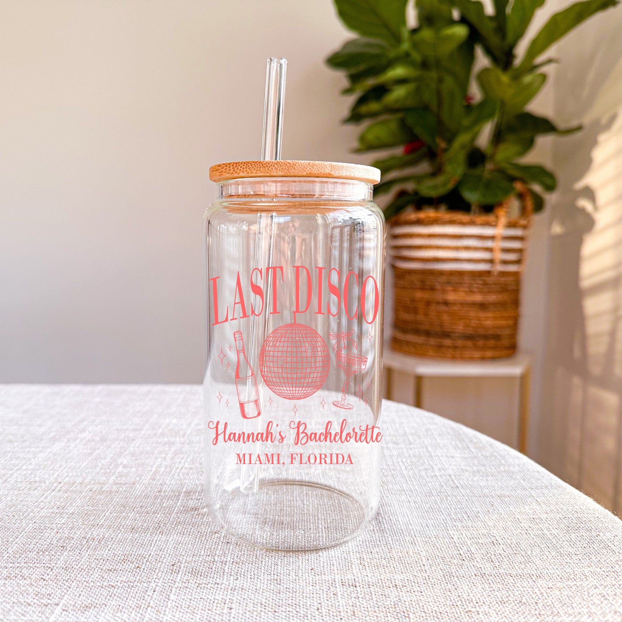 Custom Last Disco iced coffee glass with lid, personalized for bride and bridesmaids as fun bachelorette party drinkware and gifts.