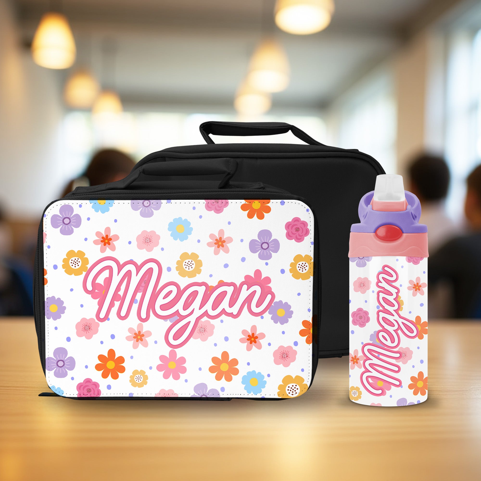 Personalized flower lunch box and water bottle set with name for girls back to school gift.