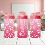 Personalized pink soccer water bottle for girls with custom name, perfect for school and sports.