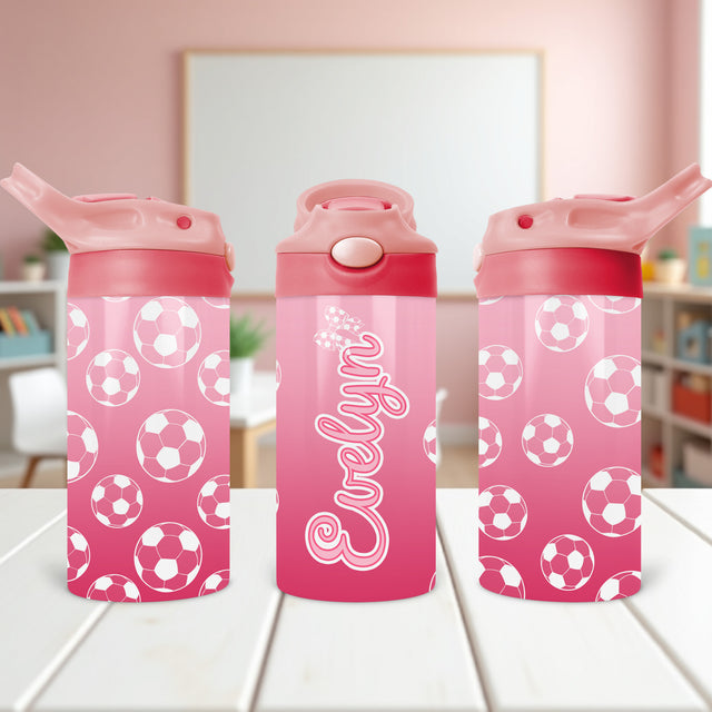 Personalized pink soccer water bottle for girls with custom name, perfect for school and sports.