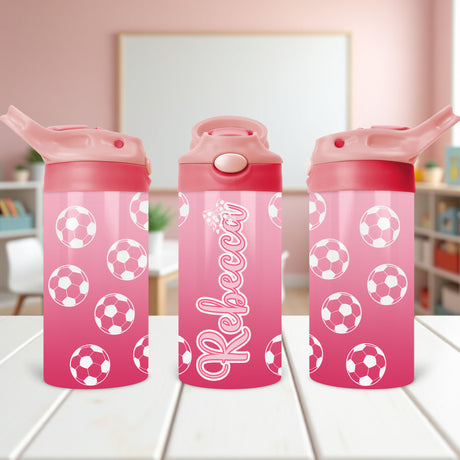 Personalized pink soccer water bottle for girls with custom name, perfect for school and sports.