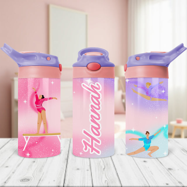 Custom water bottle with name for girls in gymnastics, the perfect back to school gift for your daughter.