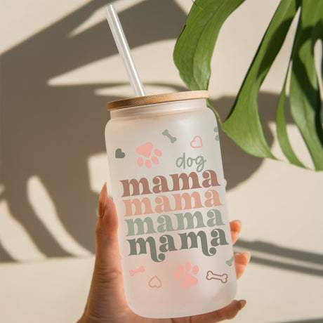 Frosted Dog Mama Iced Coffee Glass Can.  A great gift for dog lovers and dog owners.