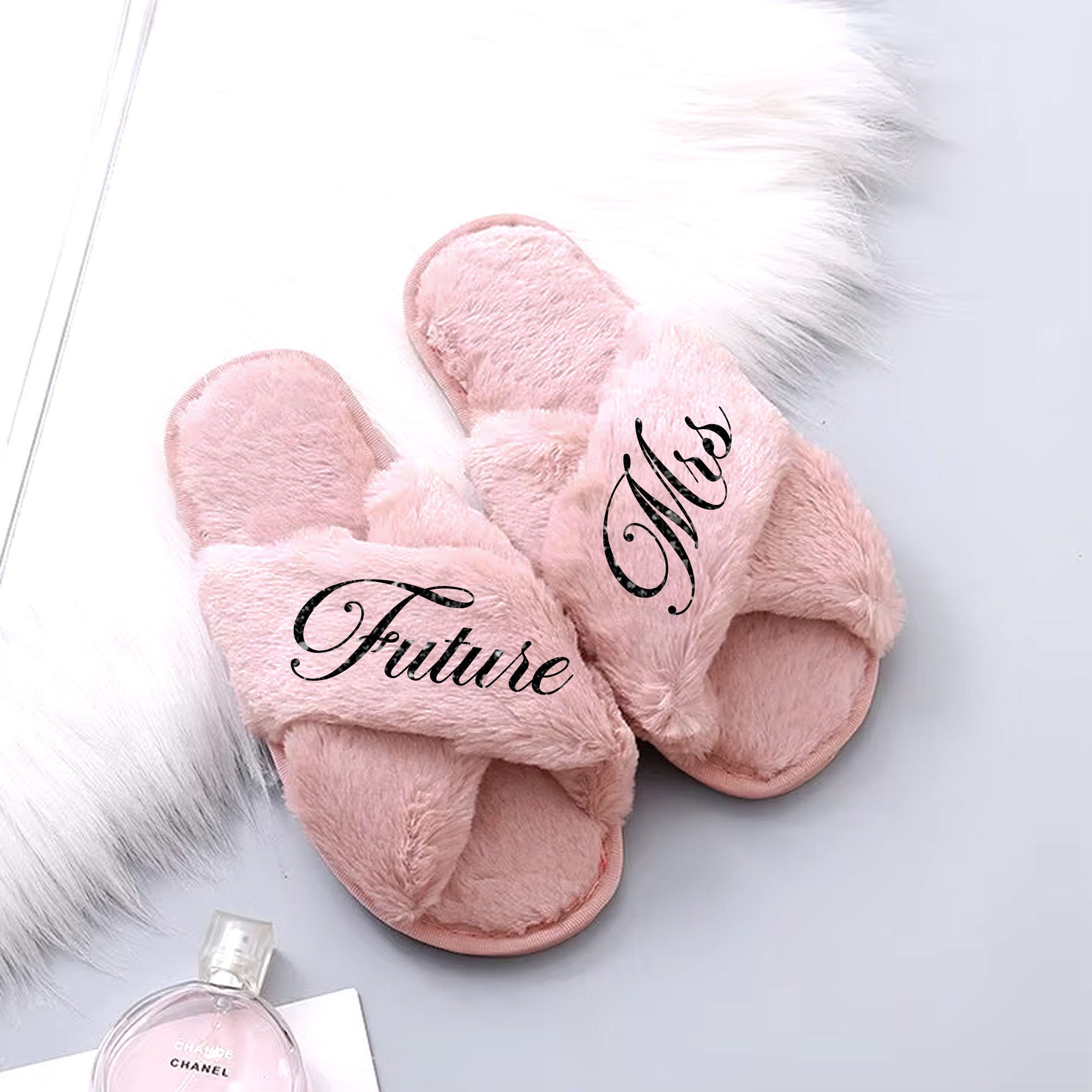 Bride-to-be slippers with Future Mrs text, ideal engagement gift for fiancée or future wife.