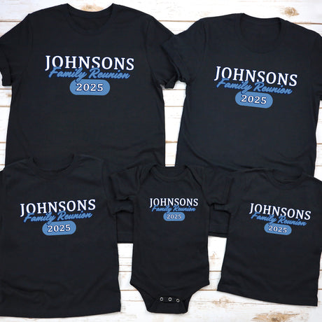 Custom family reunion shirts with retro design, personalized with your family name for matching group outfits and photos.