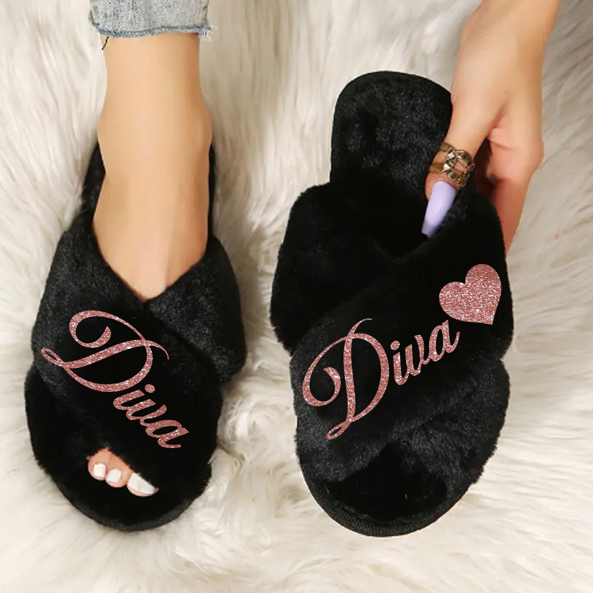 Fluffy Diva Slippers for Breast Cancer Survivors with Pink Ribbon Bow. Soft Faux Fur Indoor Shoes with Diva sass design.