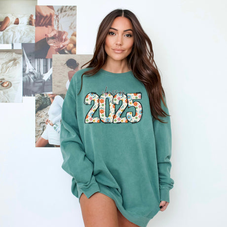 Light Green Class of 2025 floral design sweatshirt, perfect graduation gift for her, soft Comfort Colors fabric.