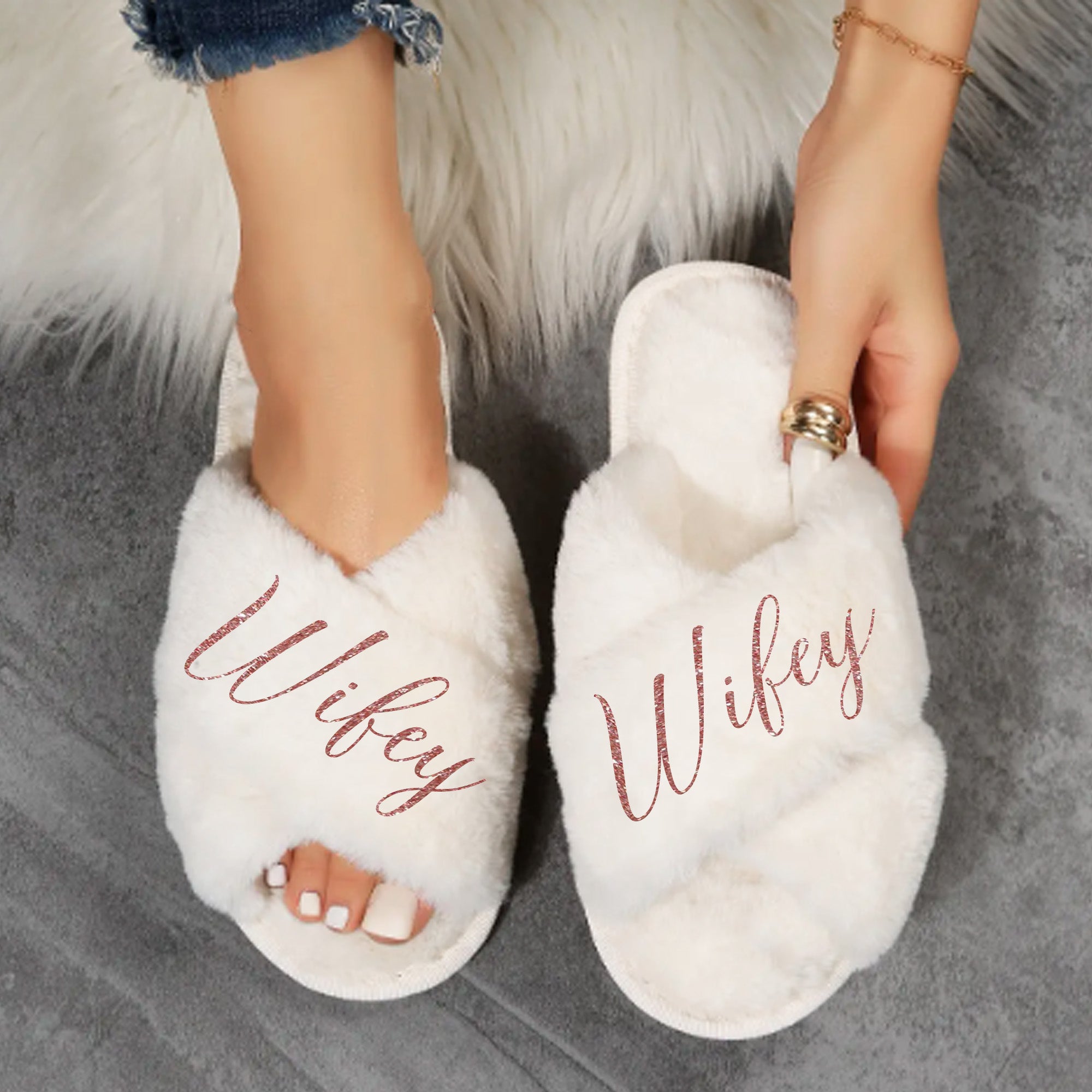 White Comfortable Fluffy Slippers for Women Wifey Design, Ideal Gift for Wife on Her Birthday or Wedding Day.