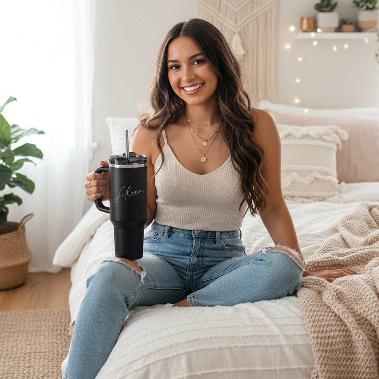 Personalized daughter going off to college gifts. Cute peach 40oz tumbler custom with name.