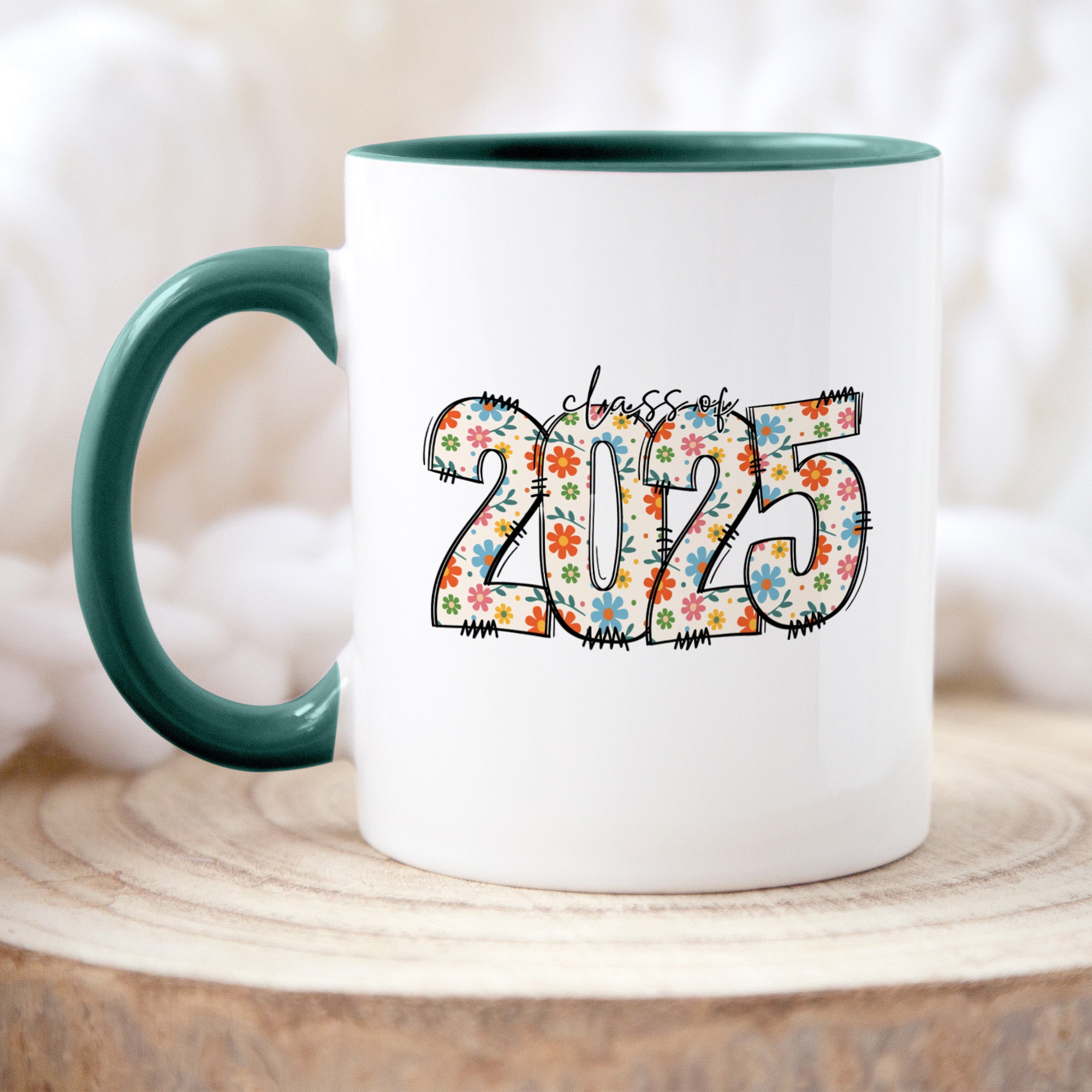 Graduation mug for her with floral design, Class of 2025 senior gift for girls, cute and stylish grad coffee cup.