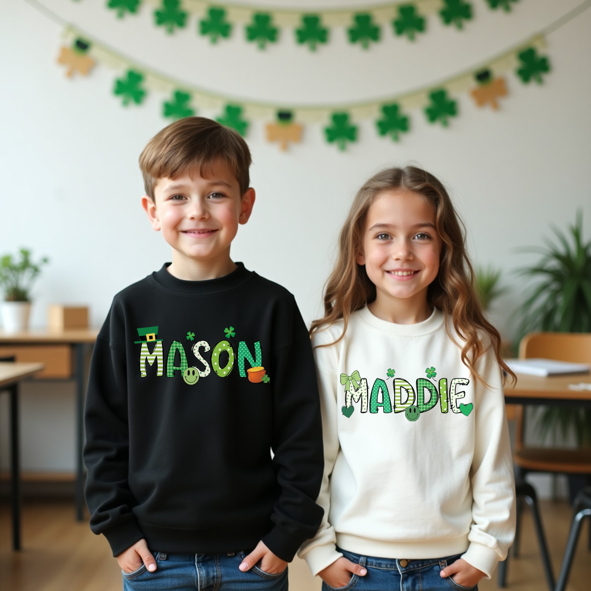 Kids St Patricks day sweatshirts for kids. Cute customized St Patricks day shirts with name.