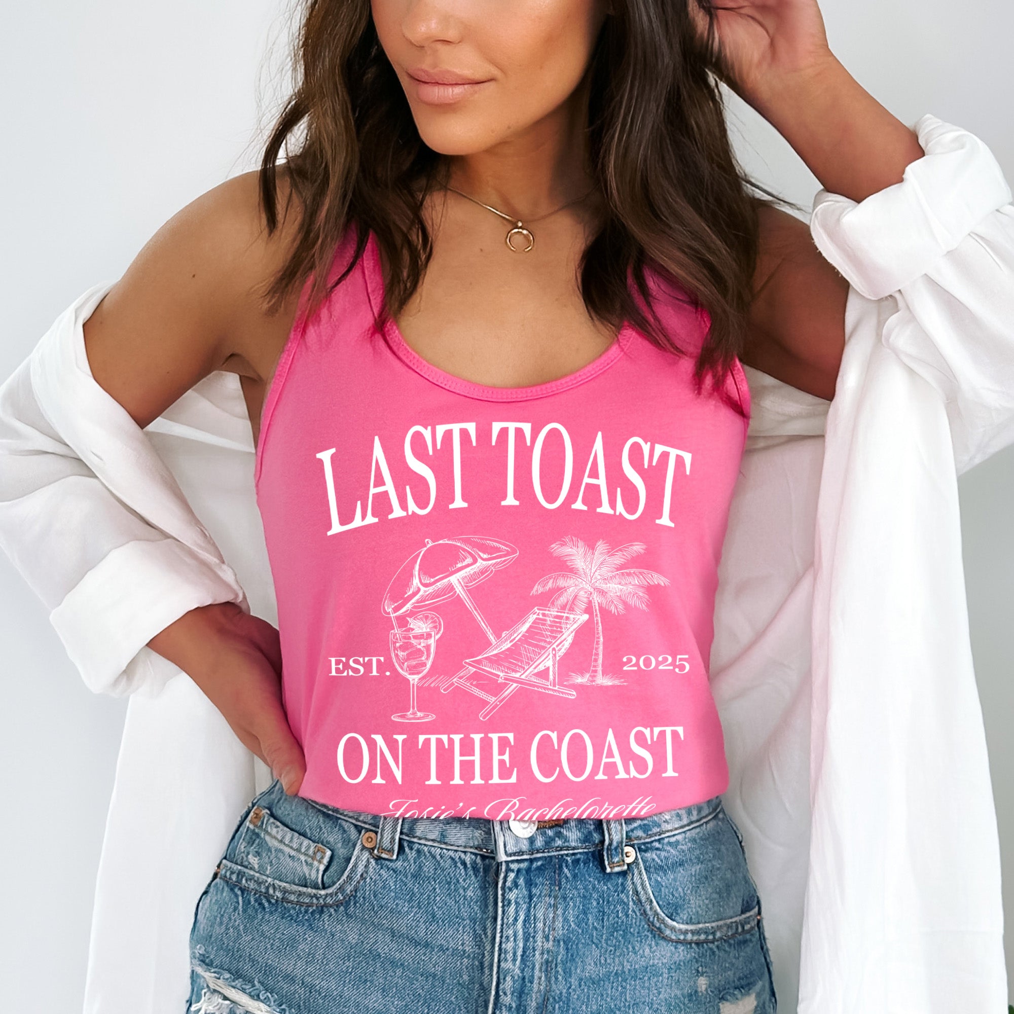 Personalized bride and bridesmaid beach shirts, perfect for Last Toast on the Coast bachelorette weekends and destination bridal trips.