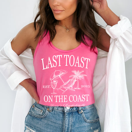 Personalized bride and bridesmaid beach shirts, perfect for Last Toast on the Coast bachelorette weekends and destination bridal trips.