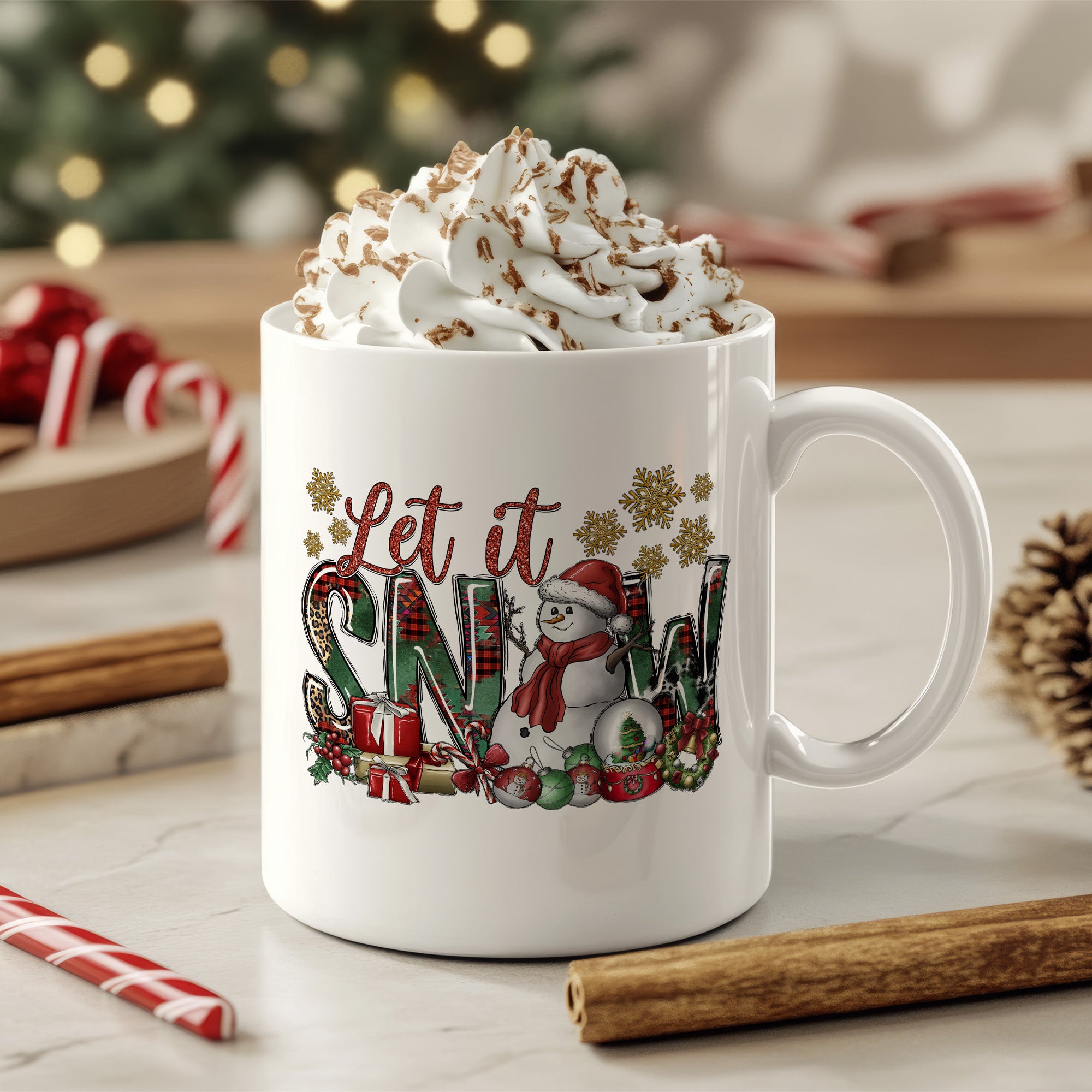 Cute Let It Snow Christmas Mugs, Colorful Holiday Coffee Cups in sizes 11oz and 15oz