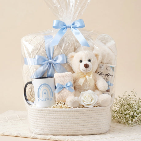 The Snuggle Set Mom Gift Basket with Blanket, Fluffy Slippers, & Teddy Bear - Gifts Are Blue