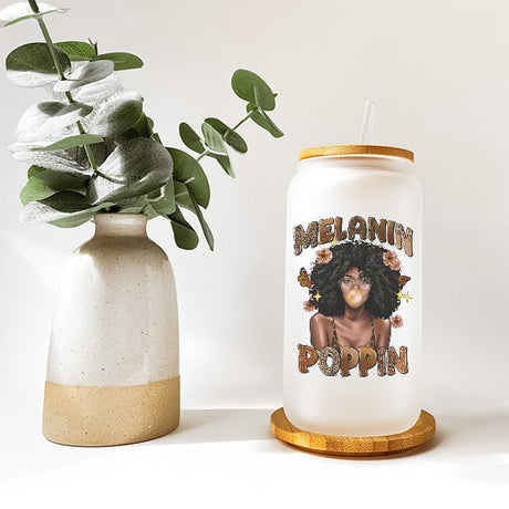 Melanin Poppin Floral and Butterfly Frosted Iced Coffee Glass Tumbler - Gifts Are Blue