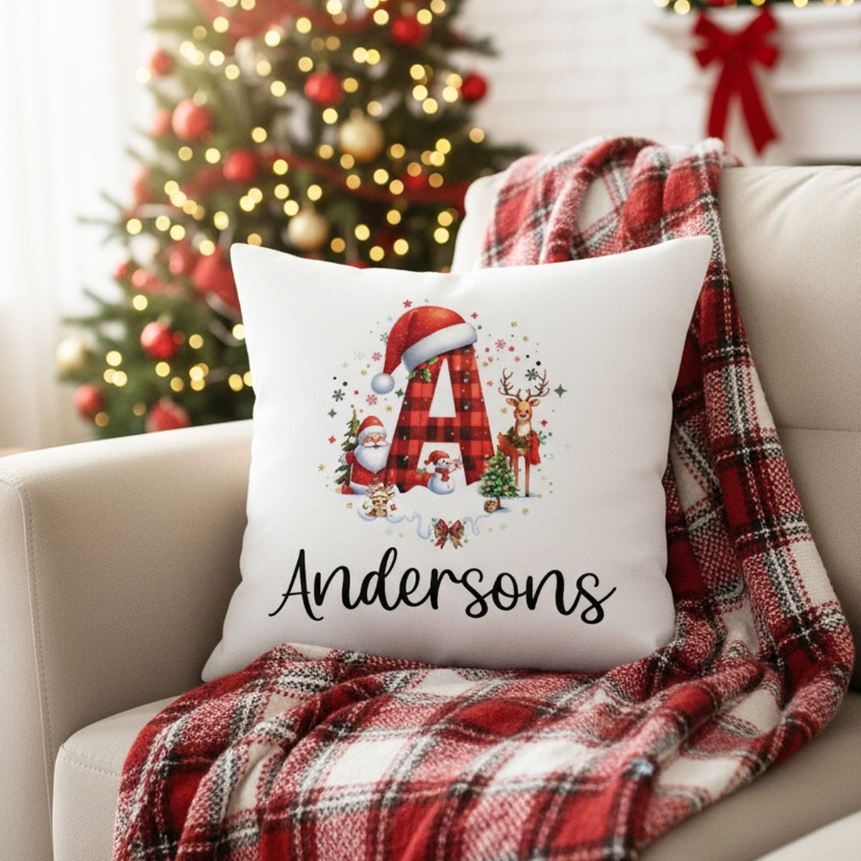 Red and Black Plaid Initial Personalized Christmas Pillow Cover and Add on Insert