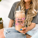 Women holding frosted best mom ever glass tumbler with lid and straw. This iced coffee cup makes for the perfect Mothers Day gift or First Mothers Day gift. allSKUs.