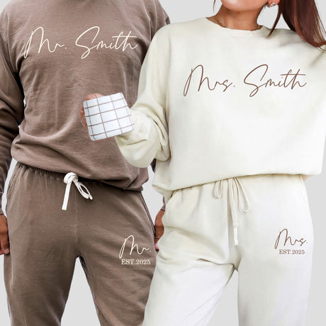 Cute Couples Personalized wedding loungewear sets. Mr and Mrs loungewear set. Wedding Honeymoon pajamas.