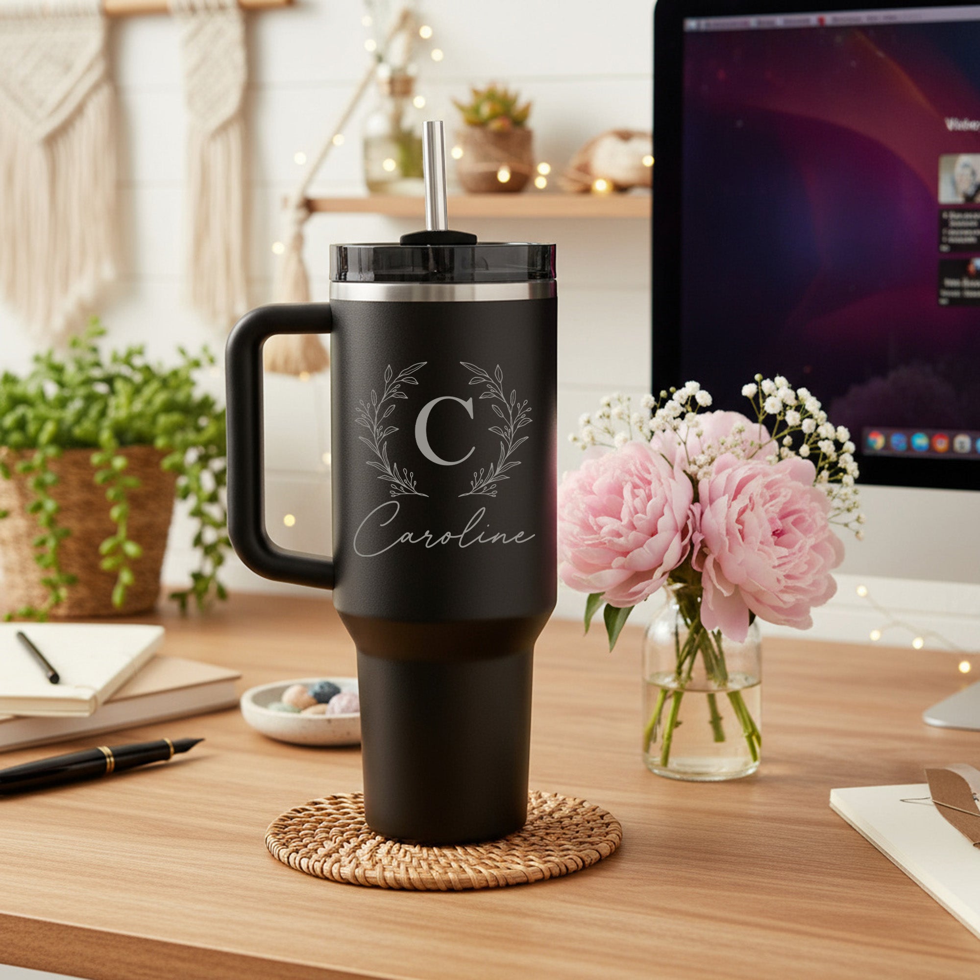 Wreath Initial and Name 40oz Personalized Tumbler with Name, Custom Gifts for Her