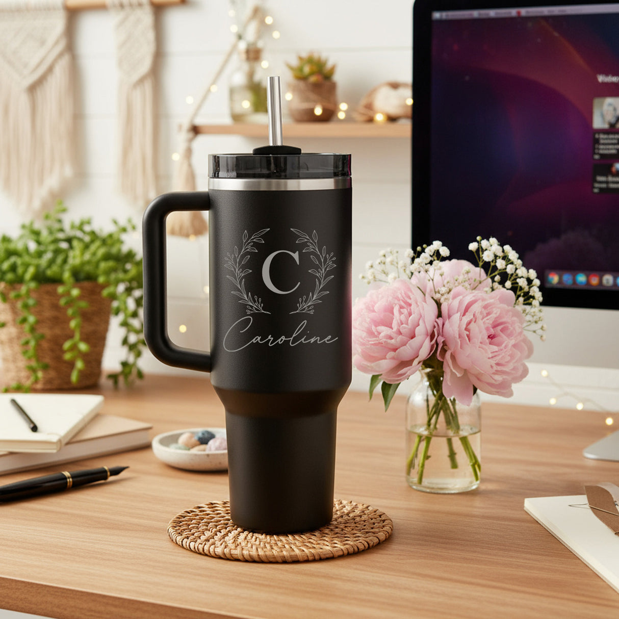 Wreath Initial and Name 40oz Personalized Tumbler with Name, Custom Gifts for Her