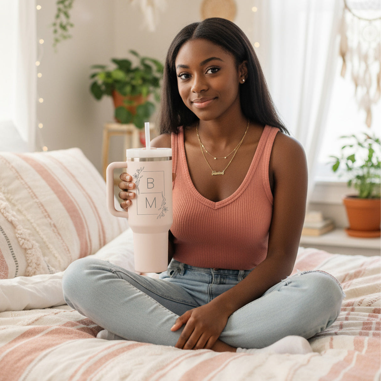 Rectangle Wreath with Initials 40oz Personalized Tumbler with Name