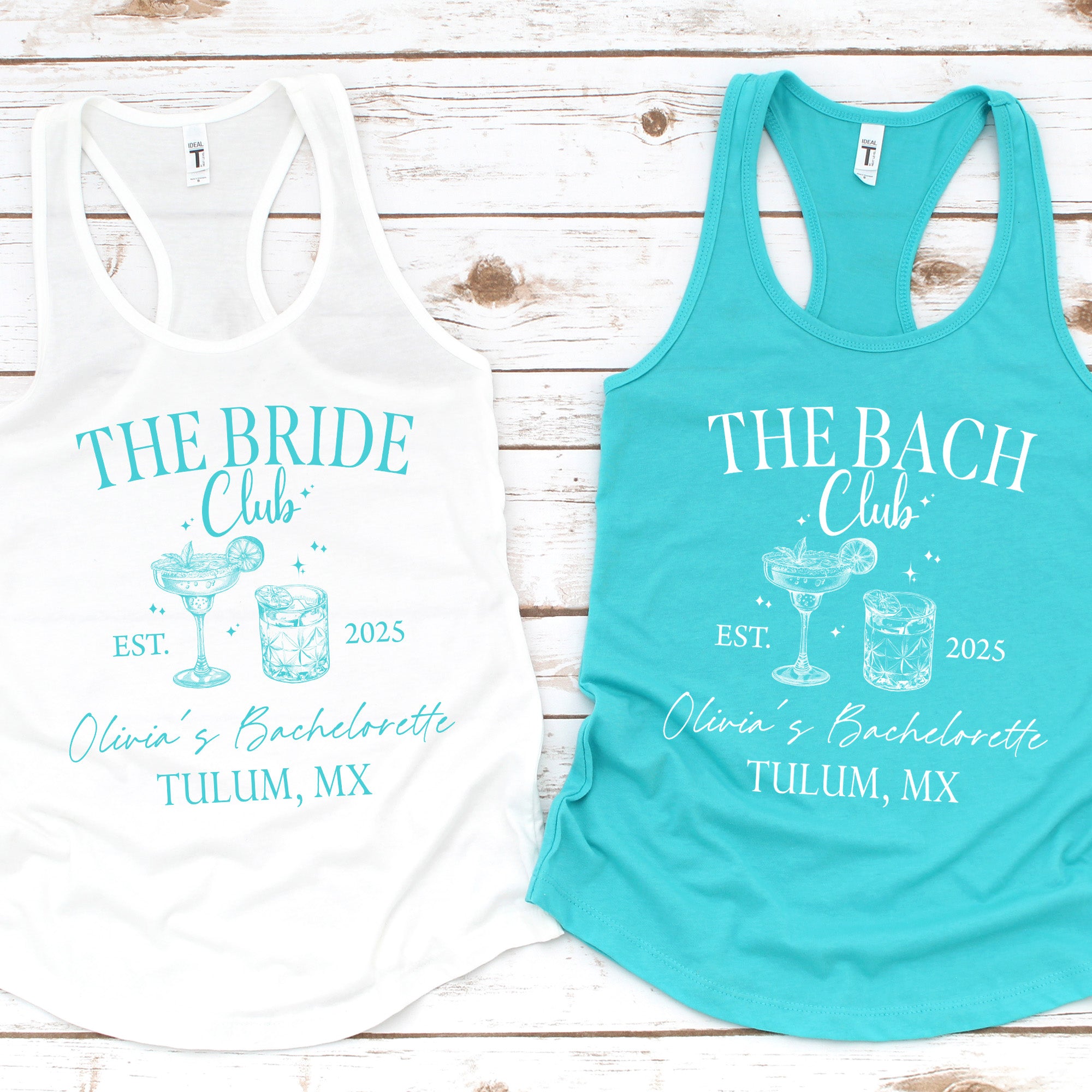 Custom bachelorette party tank tops laid flat with personalized bride and bridesmaid shirts, matching bridal party outfits for a fun bachelorette weekend or bridal shower celebration. 