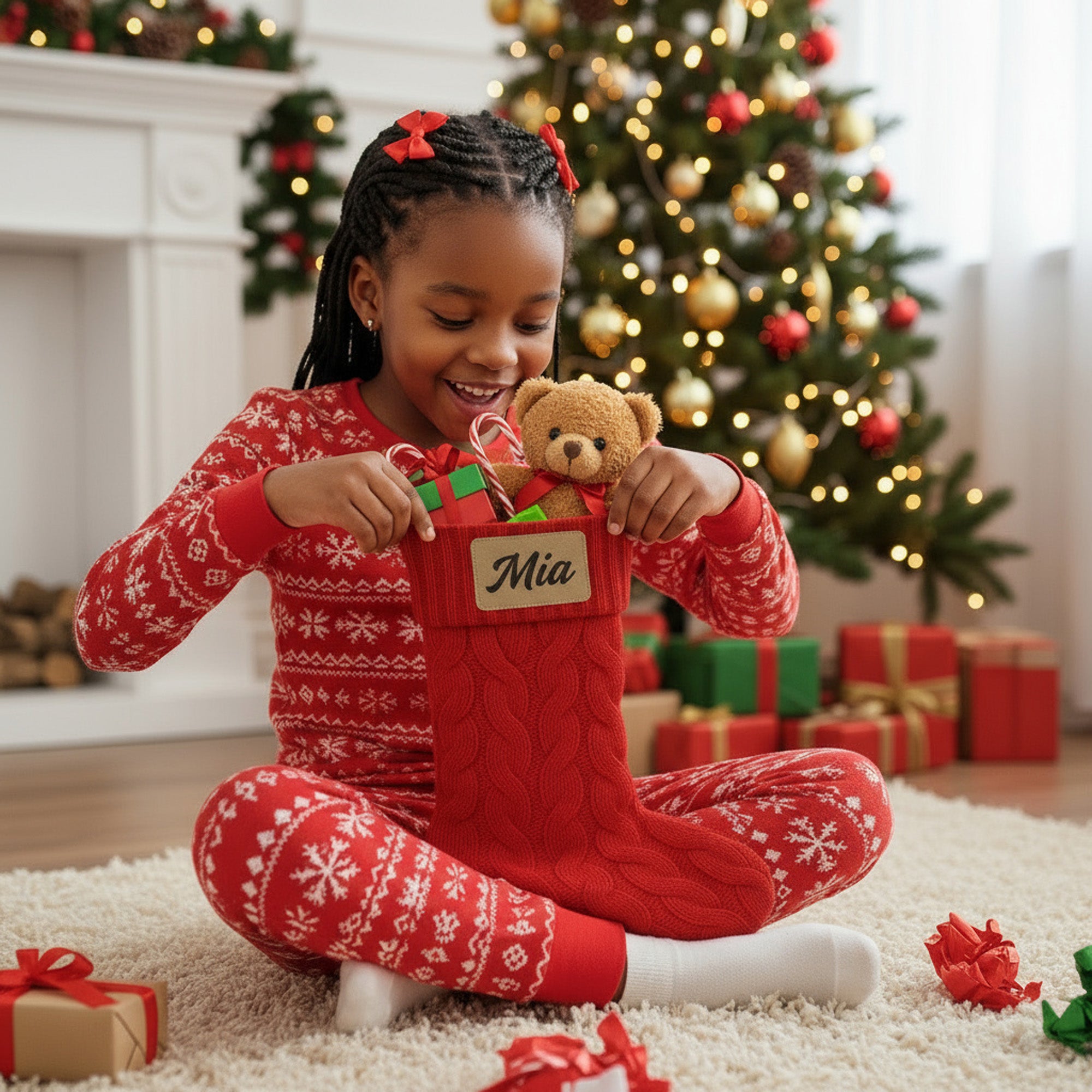 Red Christmas stocking personalized with names for kids, parents and dogs.