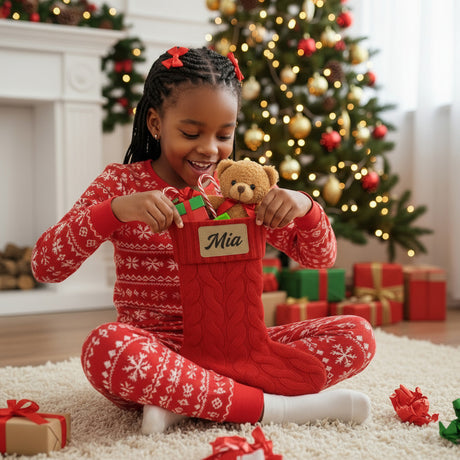 Red Christmas stocking personalized with names for kids, parents and dogs.