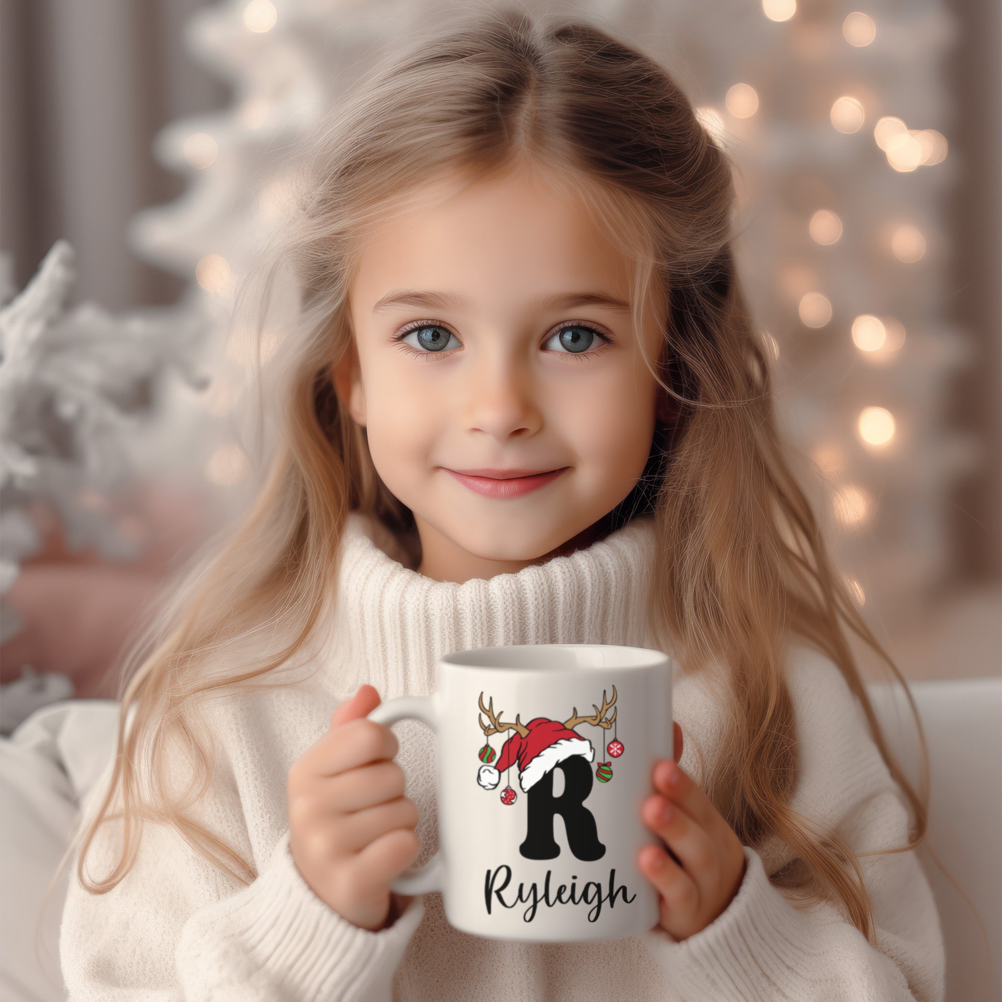 Adorable Christmas mugs personalized with name and initial for kids.