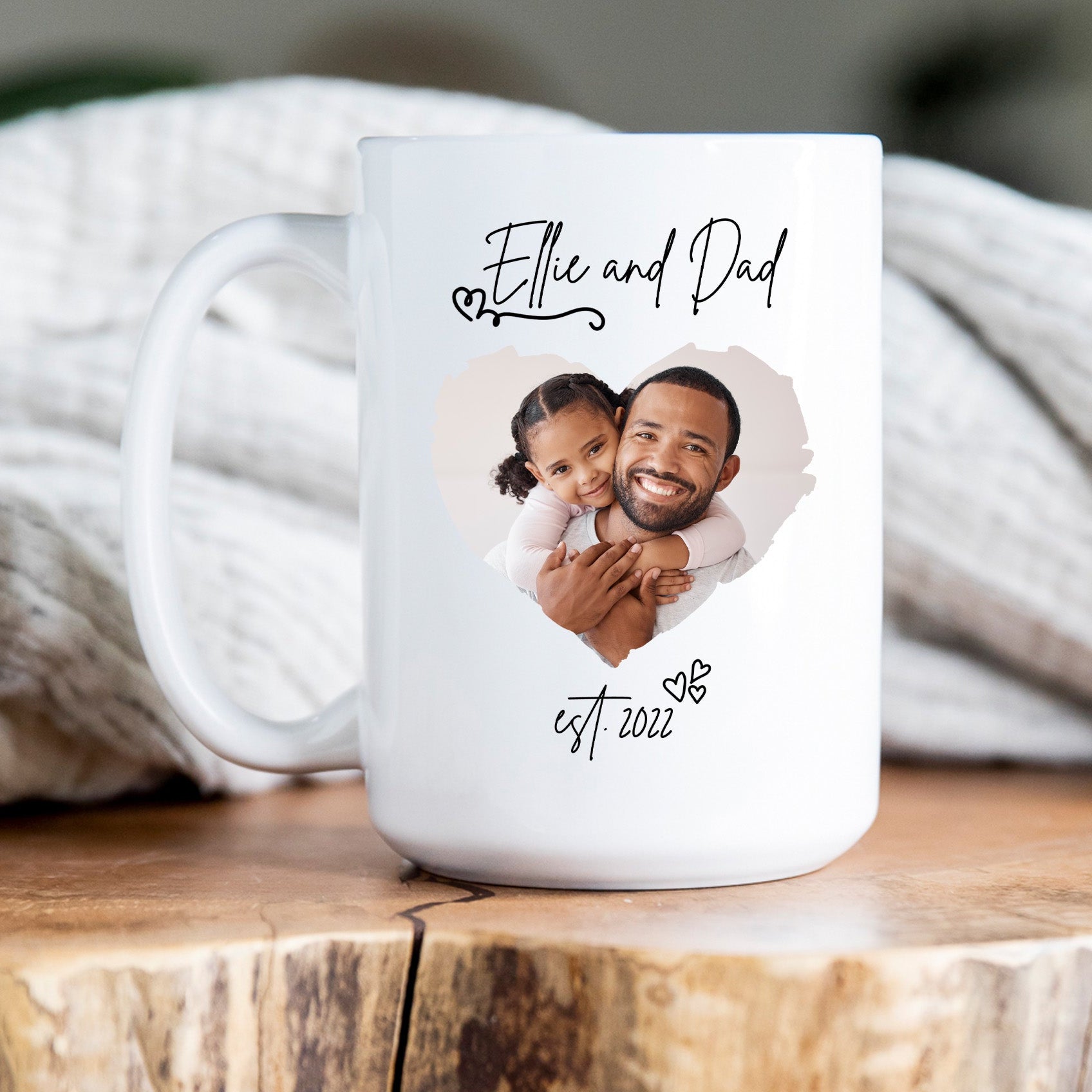 Cute custom photo mug for Father’s Day with personalized name and year. 
