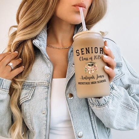 Custom Graduation Libbey glass can with a cute floral cap design, perfect gift for her. 