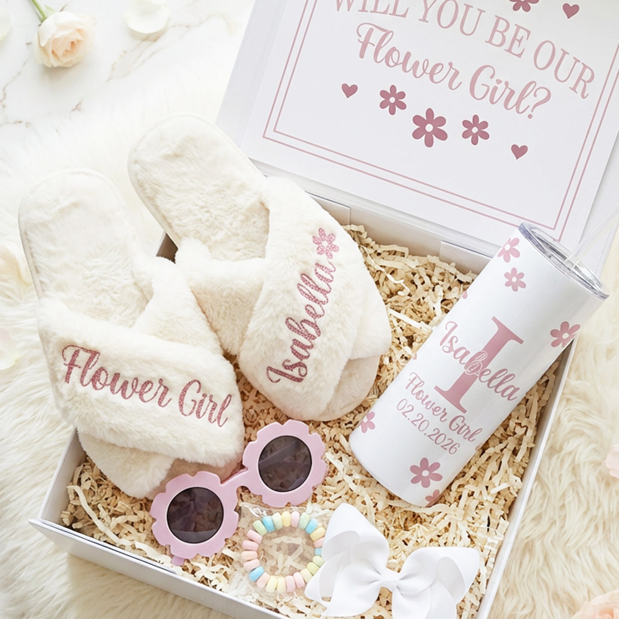 Sweet Pea Flower Girl Proposal Box with Fluffy Slippers & Tumbler