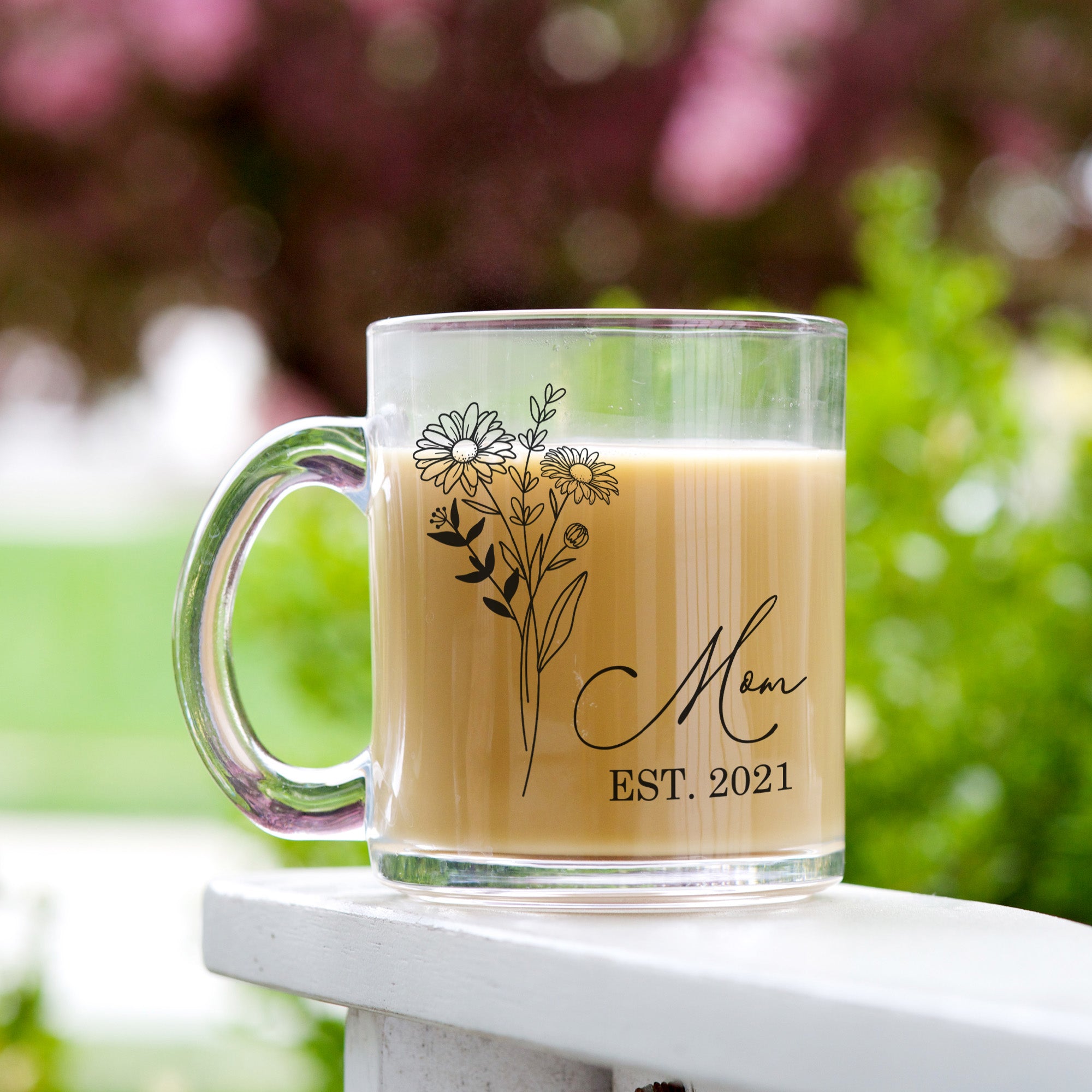 Personalized Birth Flower Glass Mug custom birth month coffee mug perfect Mother’s Day gift for her.