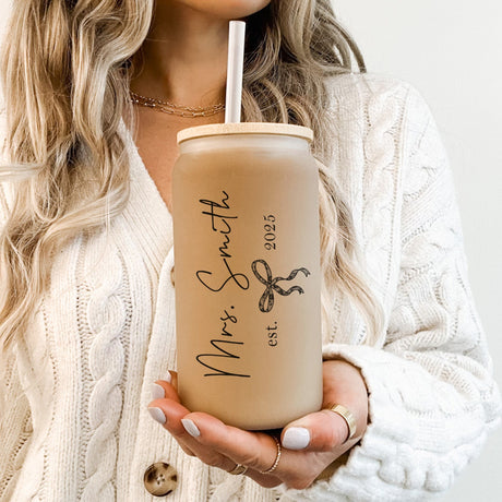 Personalized Wifey iced coffee glass cup, custom bridal shower gift.