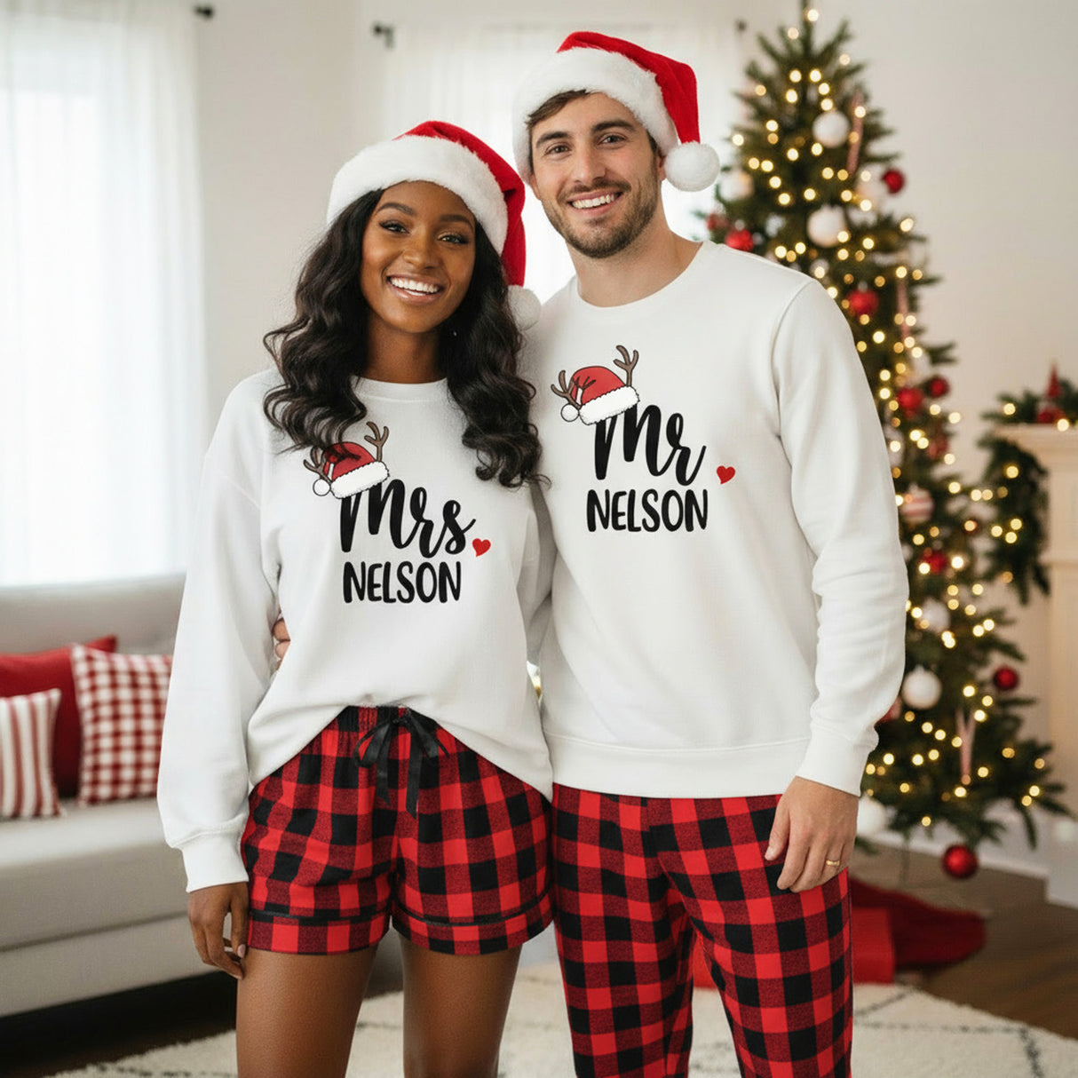 Matching Mr and Mrs Christmas Pajama Set with Buffalo Print Pants - Couples PJs Santa Hat