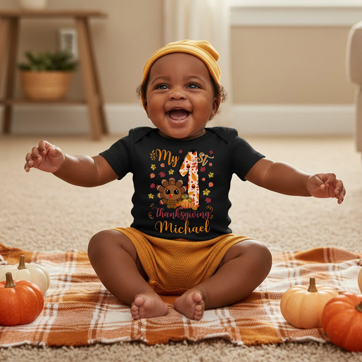 Colorful My First Thanksgiving Onesie Outfit Personalized with Name for Baby Girl and Boy