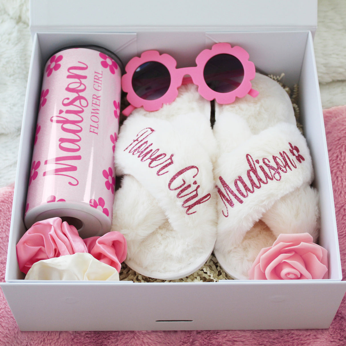 Pink flower girl proposal bundle box, thoughtful personalized gift from bride for flower girl proposals.